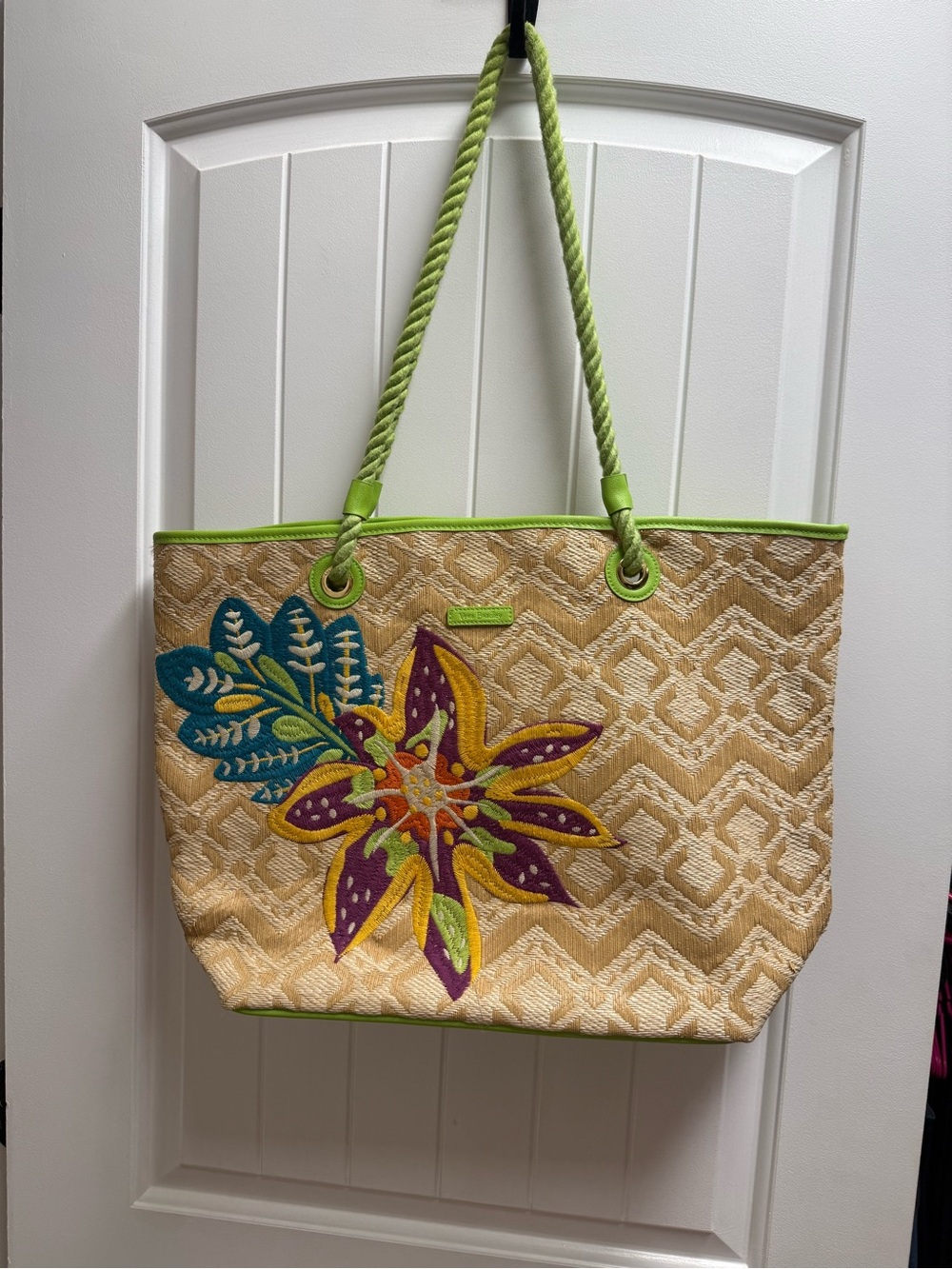 Vera Bradley Straw Beach Tote Embroidered Tropical Floral Green Boho Bag
